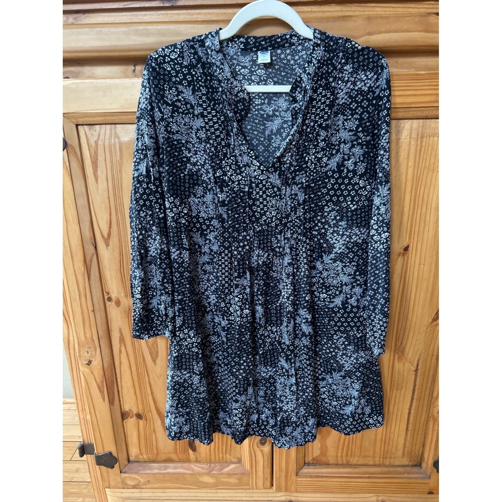 Old Navy Womens Black White Floral Patchwork V-Neck Shift Dress M Long Sleeve